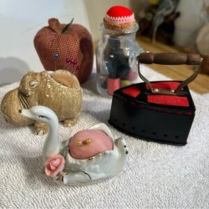 Vintage LOT 5 SEWING PIN CUSHIONS Hippo, Swan, Iron, Bottle, Apple